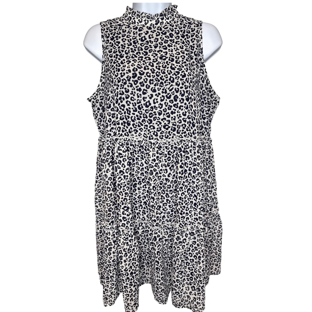 Mud Pie Womens Navy Leopard Printโ Ruffle Mock Neck Tiered Dress M Coastal Boho